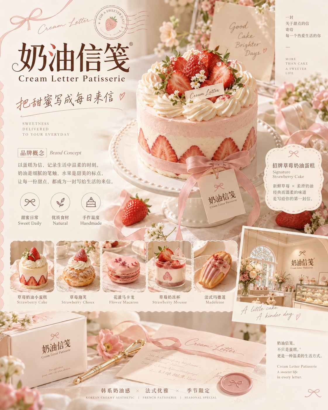 奶油信笺品牌概念主视觉，草莓奶油蛋糕与粉色丝带构成温柔的法式甜点画面