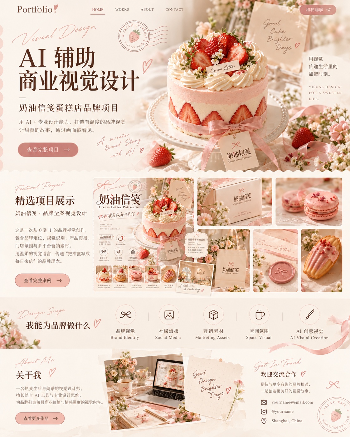 奶油信笺品牌作品集网页视觉稿，展示网站首页与甜点品牌延展应用