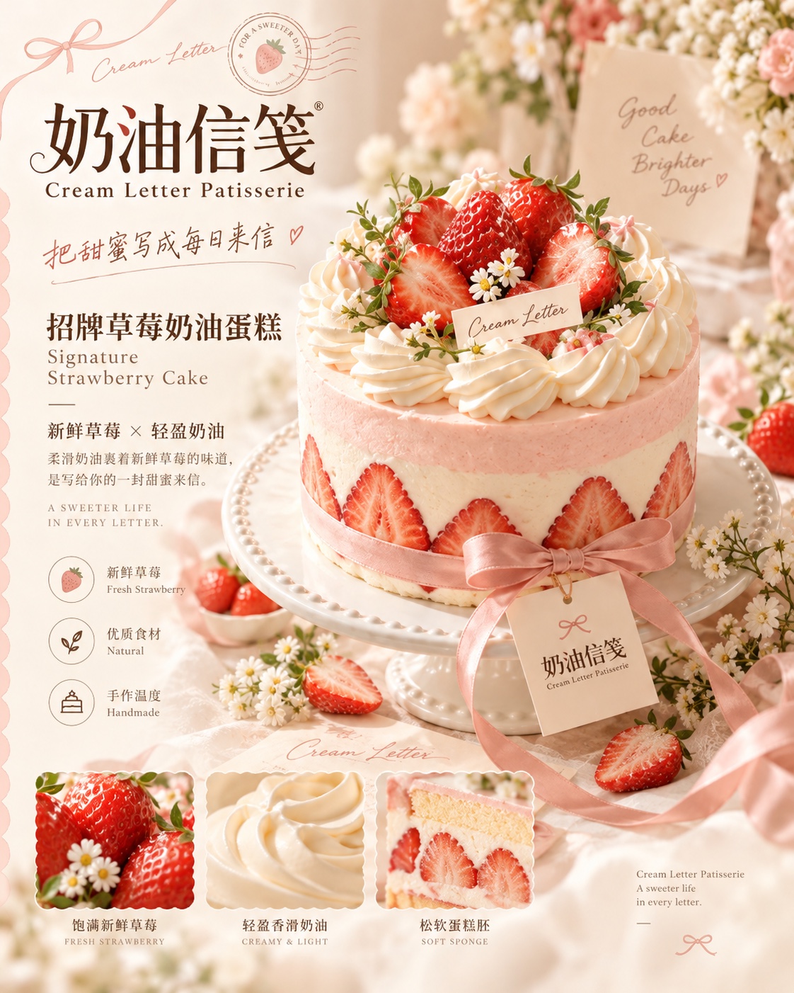 招牌草莓奶油蛋糕产品视觉，突出新鲜草莓与轻盈奶油