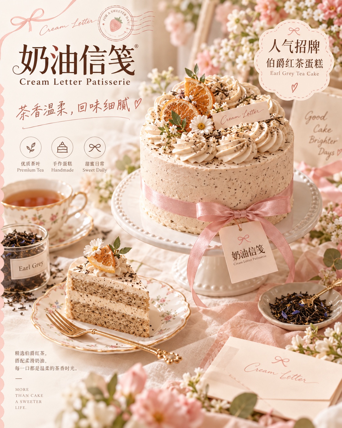 伯爵红茶蛋糕海报，配以茶杯、橙片与奶油装饰